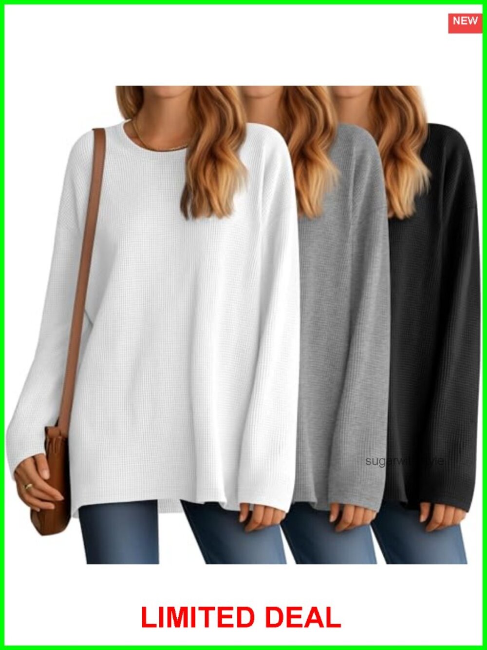 Waffle Knit Oversized Long Sleeve Tunic Top Crewneck Drop Shoulder Women